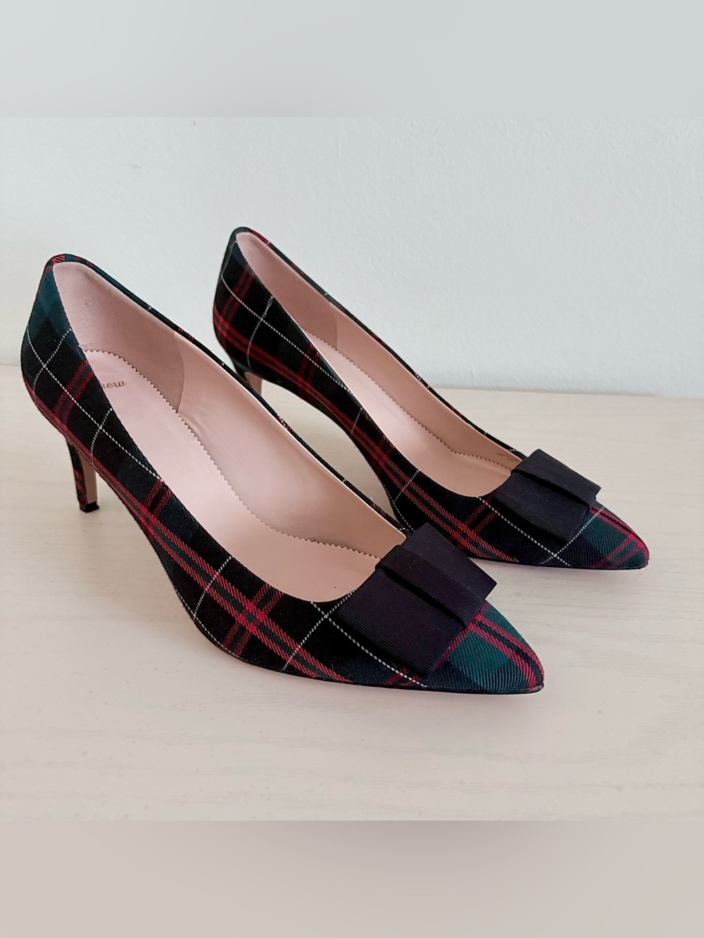 J. Crew Tartan Plaid Point Toe Kitten Heel Bow Black Made in Italy size 10